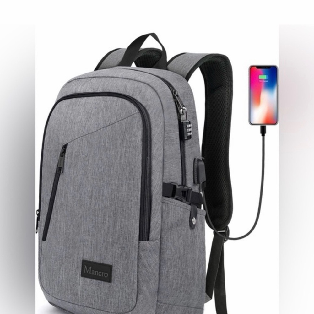 Mancro Gray Water Resistant Backpack with USB Charging Port